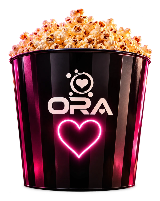 Le seau ORA noir brillant au cœur néon rose, rempli de popcorn