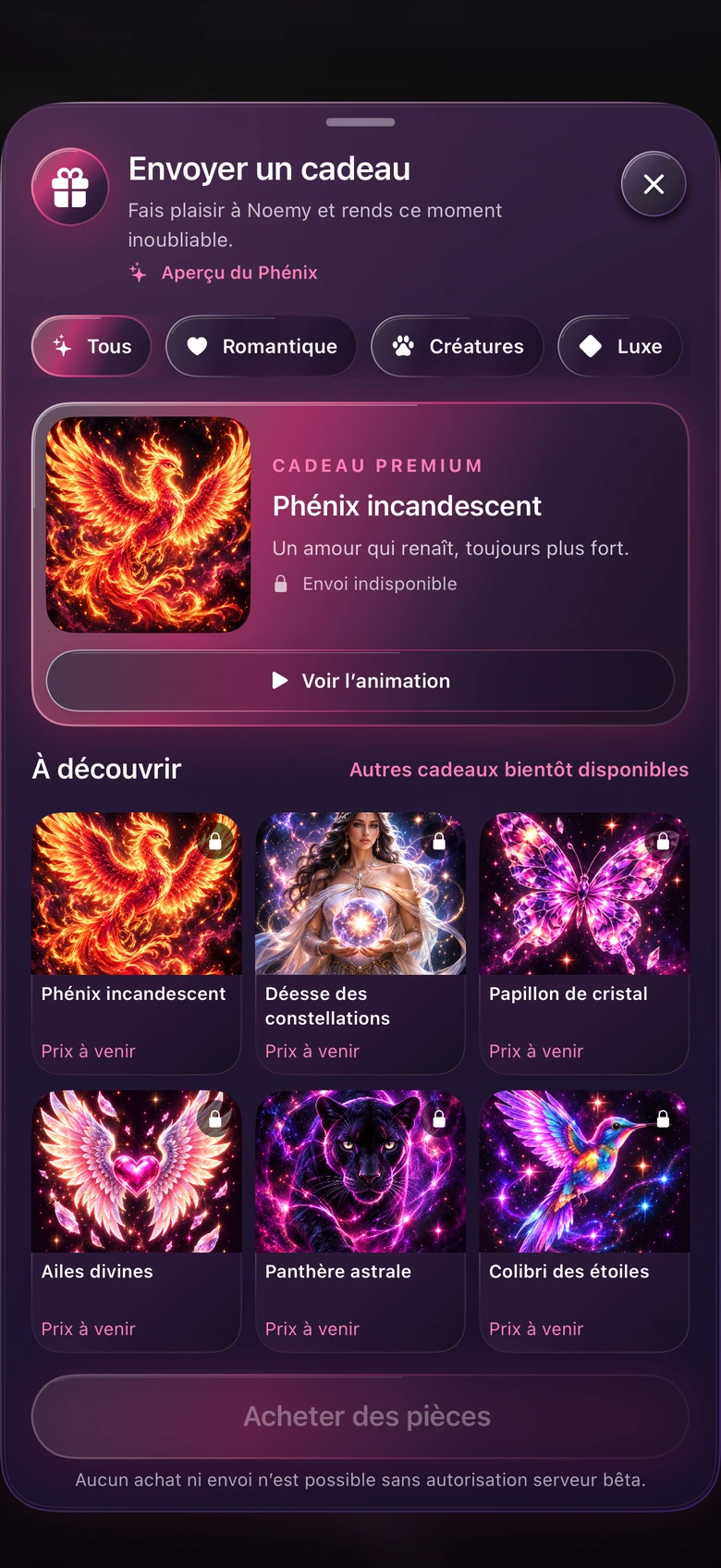 Capture de l’application ORA — Cadeaux