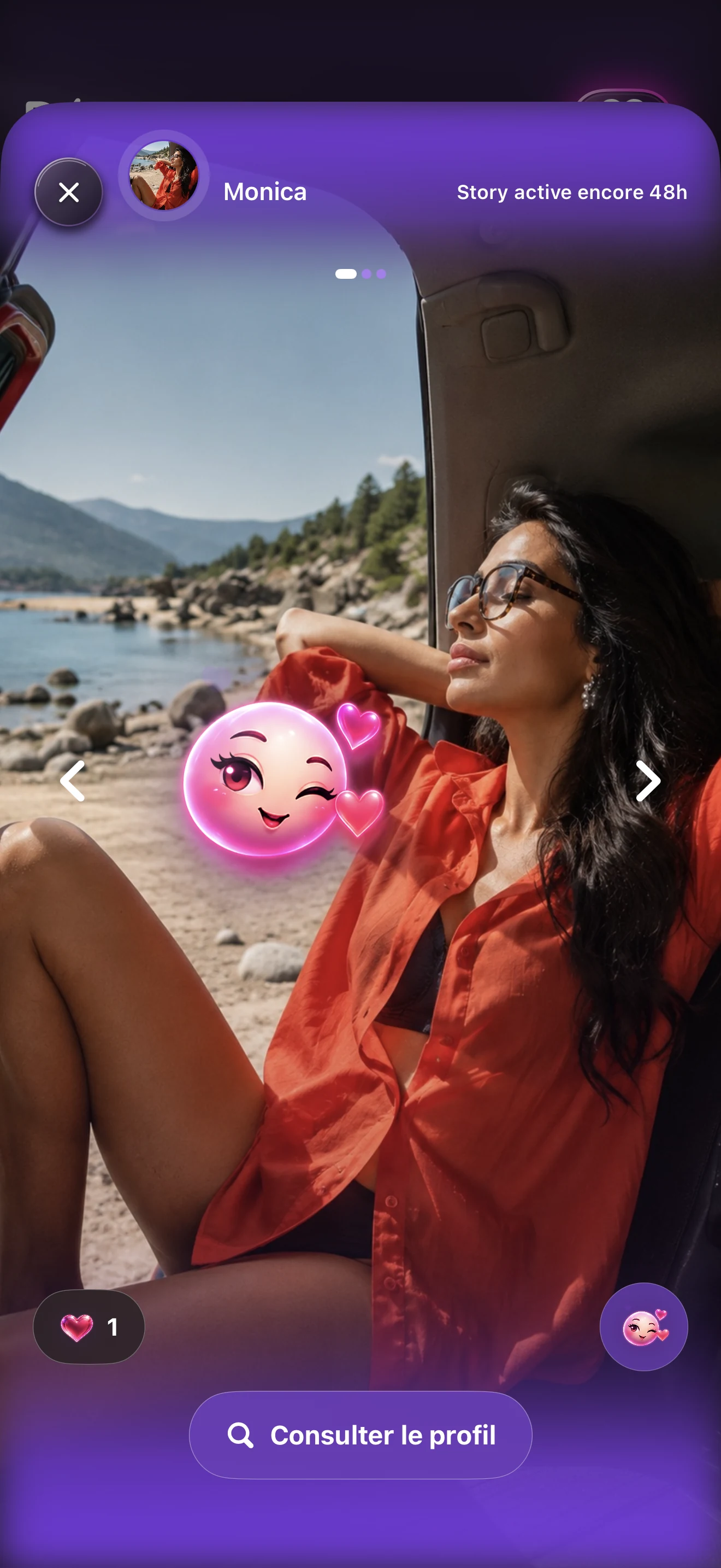 Capture ORA — story de Monica au bord du lac, avec le sticker Flirt